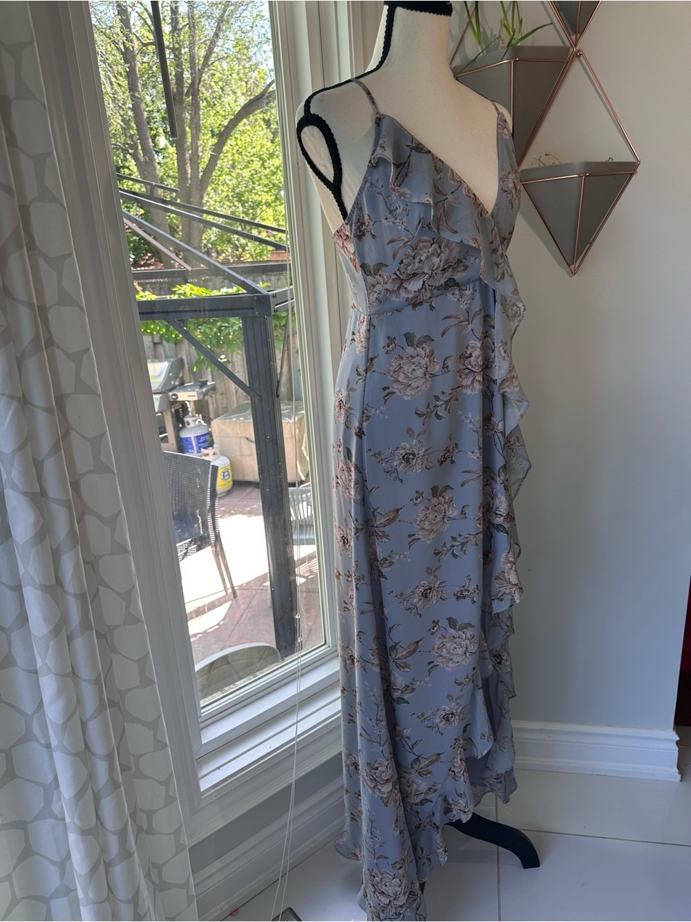 DRESS FORUM Floral Ruffle Maxi Dress Feminine Wedding Grey Blue Blush Sz Small